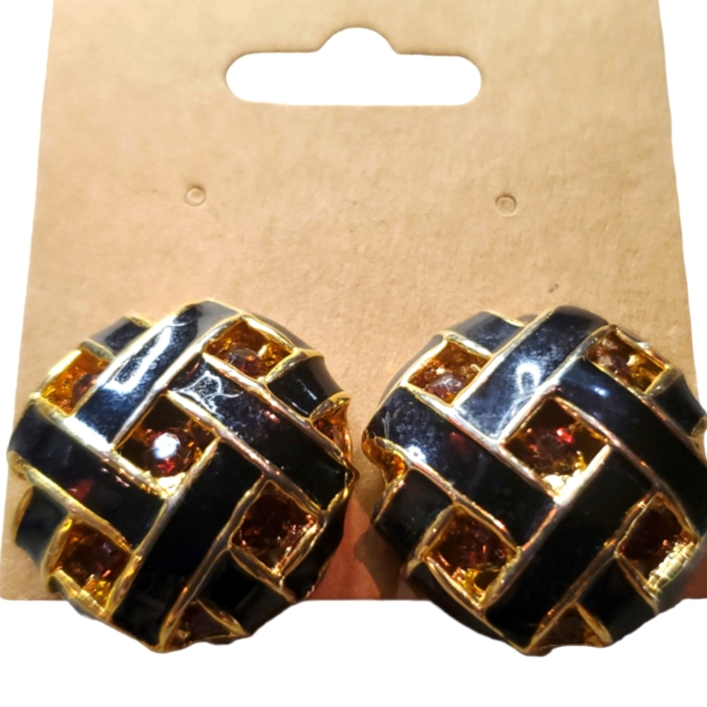 VINTAGE CIRO 1980'S BASKET WEAVE CIRCLE BLACK ENAMAL&AMBER CRYSTAL EARRINGS